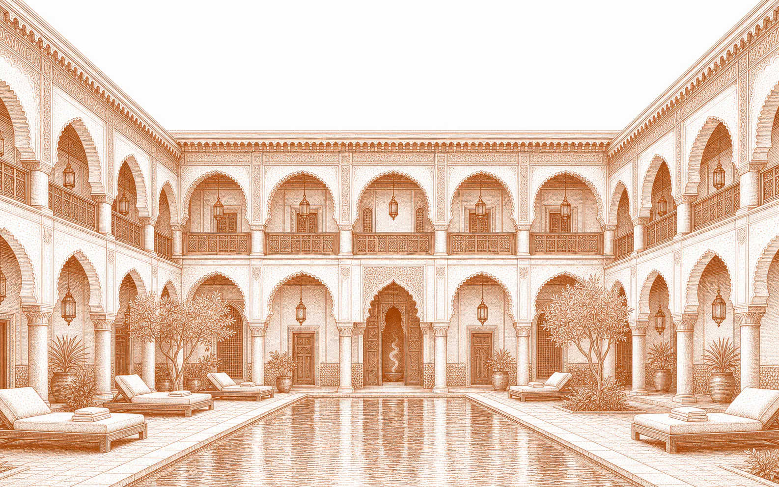Engraving of a boutique hotel patio with a central basin and arcaded gallery