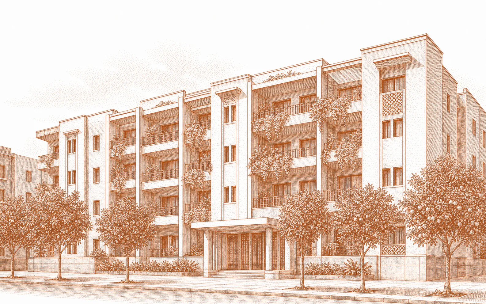 Engraving of a Gueliz residence with deep balconies and bougainvillea