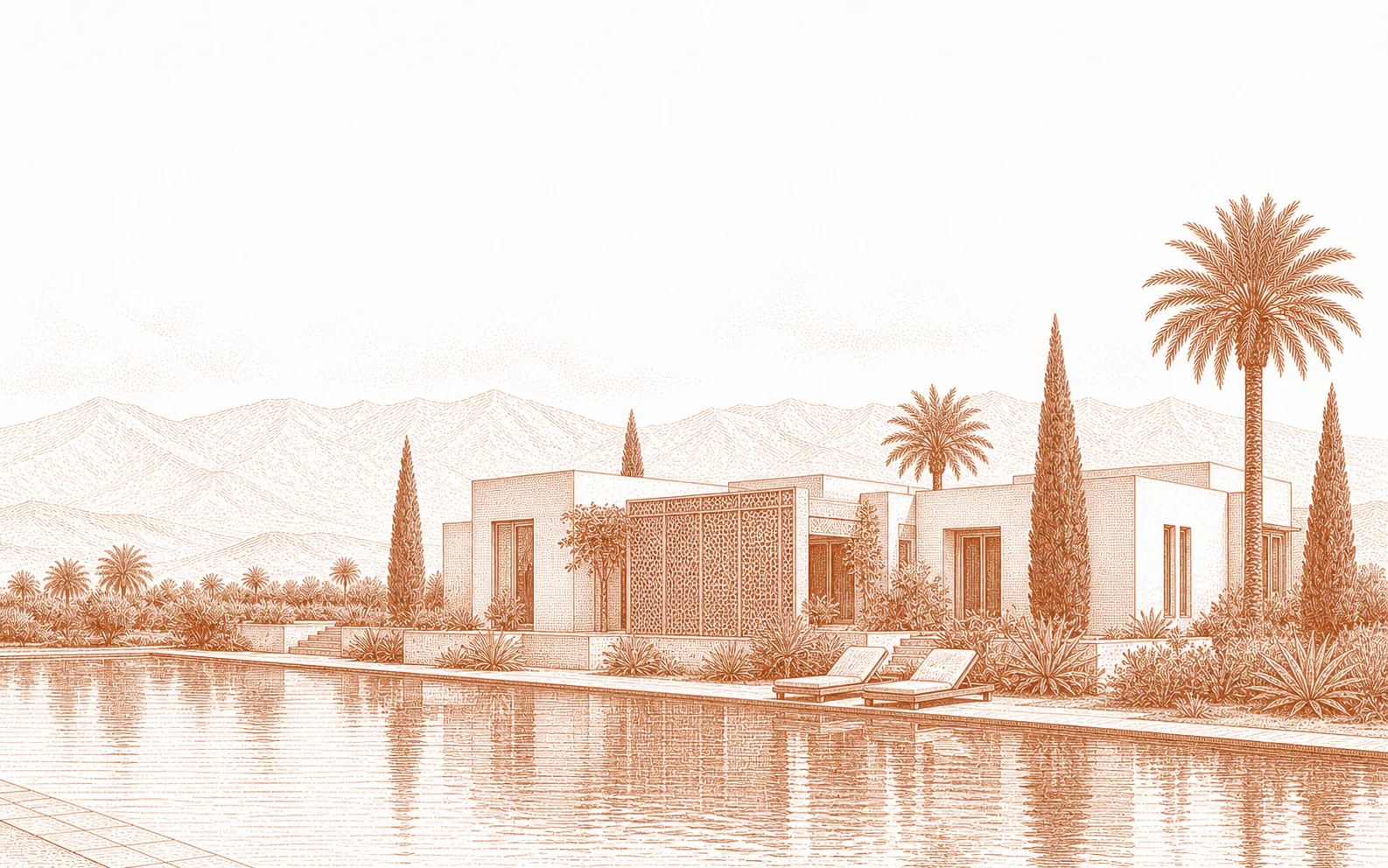 Engraving of a contemporary villa with a large pool, palm trees and the Atlas behind