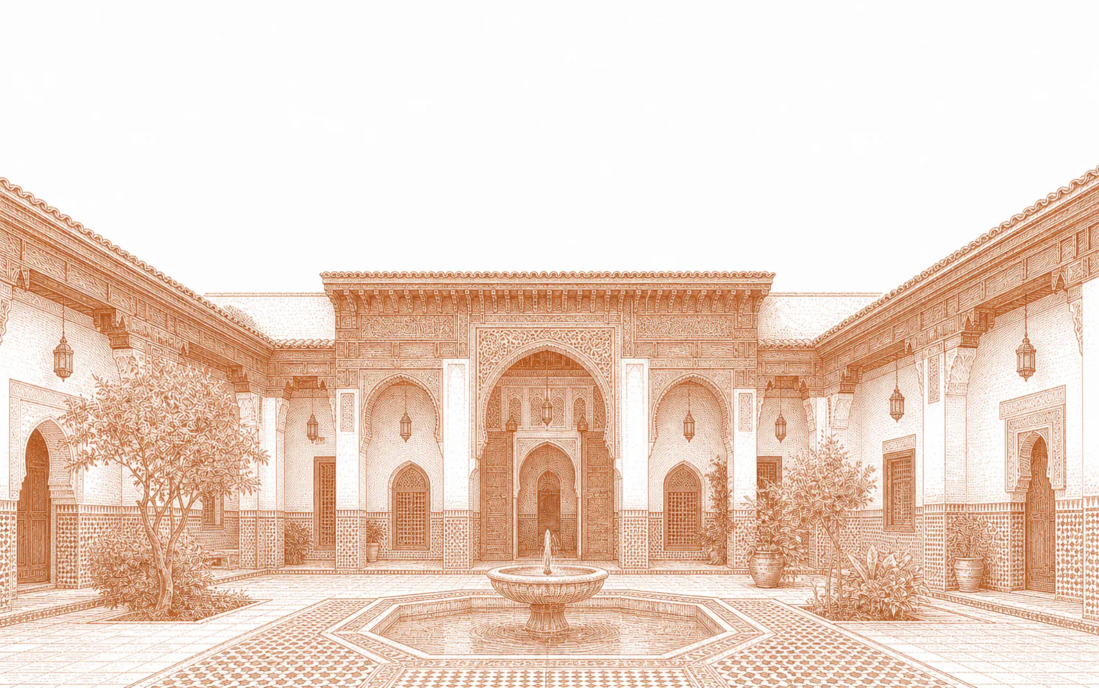Engraving of a riad patio with a central fountain and carved arcades