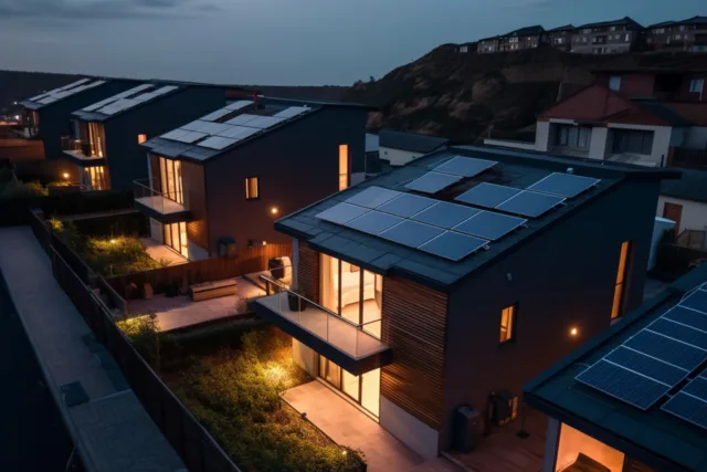 Modern eco-friendly houses with rooftop solar panels illuminated at dusk